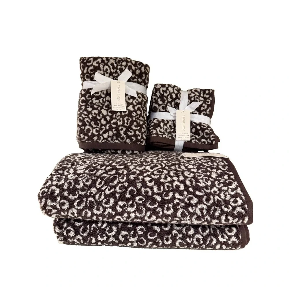 NWT Rachel Zoe Chocolate Brown/Cream Leopard Print 8-Piece Towel Set 100% Cotton